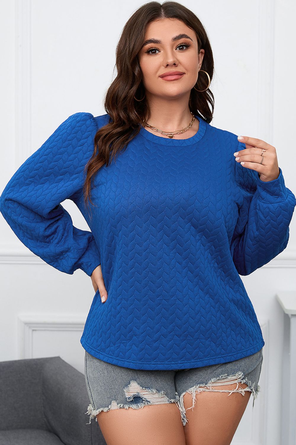 Plus Size Textured Round Neck Long Sleeve Top-Jewearrings