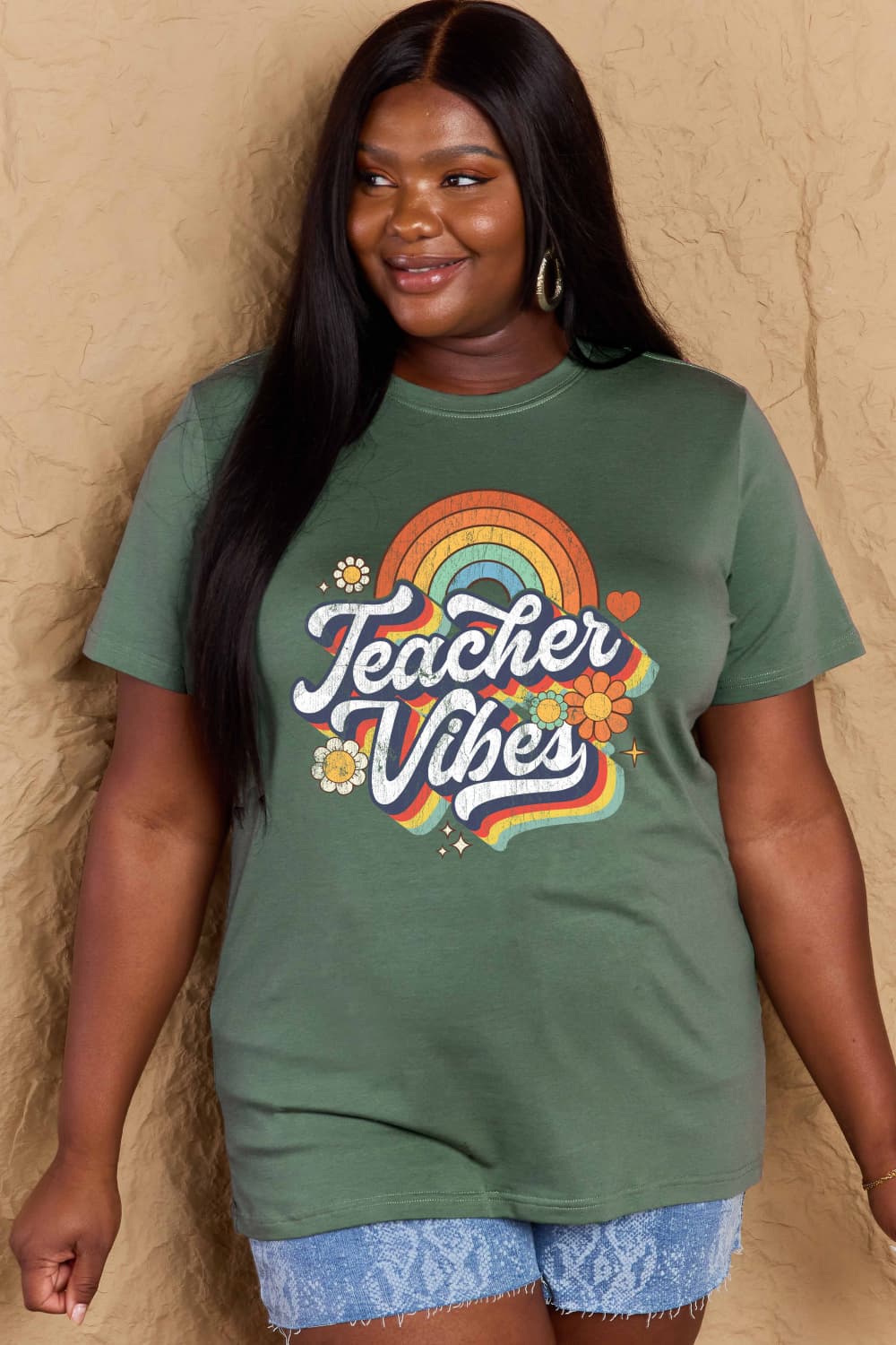 Simply Love Full Size TEACHER VIBES Graphic Cotton T-Shirt-Jewearrings