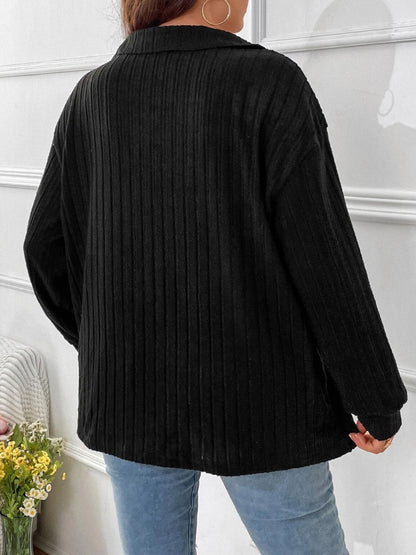 Plus Size Ribbed Johnny Collar Long Sleeve T-Shirt-Jewearrings