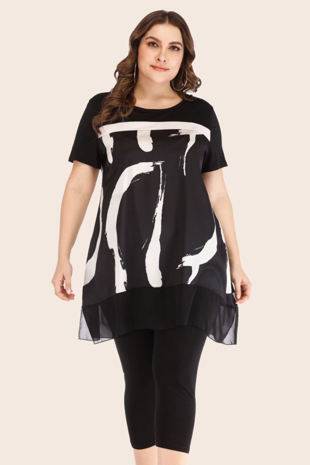 Plus Size Contrast Spliced Mesh T-Shirt and Cropped Leggings Set-Jewearrings