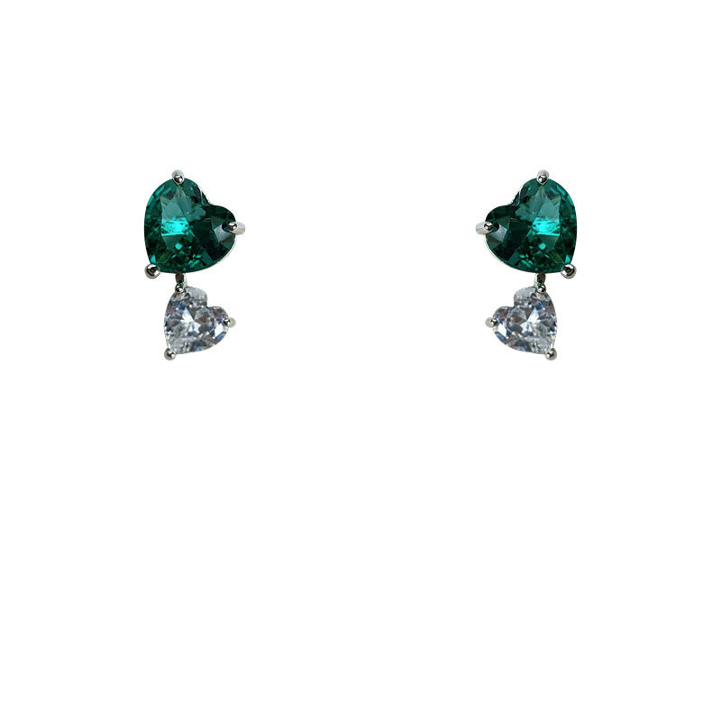 Ancient Temperament Green Zircon Love Heart 925 Silver Stud Earrings-Jewearrings