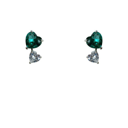 Ancient Temperament Green Zircon Love Heart 925 Silver Stud Earrings-Jewearrings