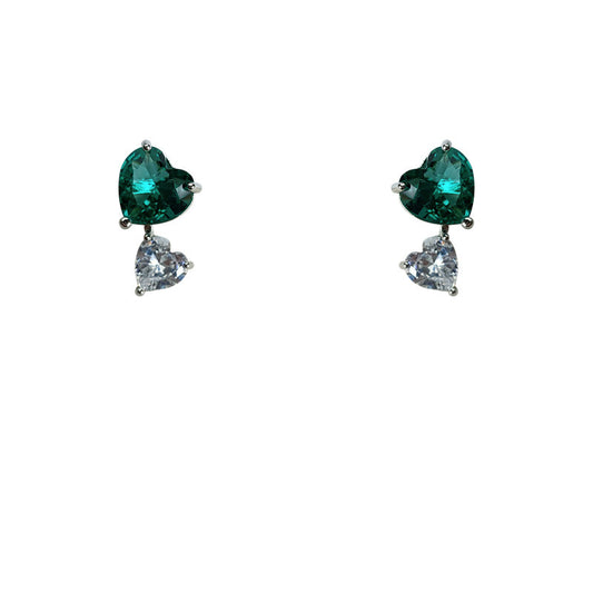 Ancient Temperament Green Zircon Love Heart 925 Silver Stud Earrings-Jewearrings