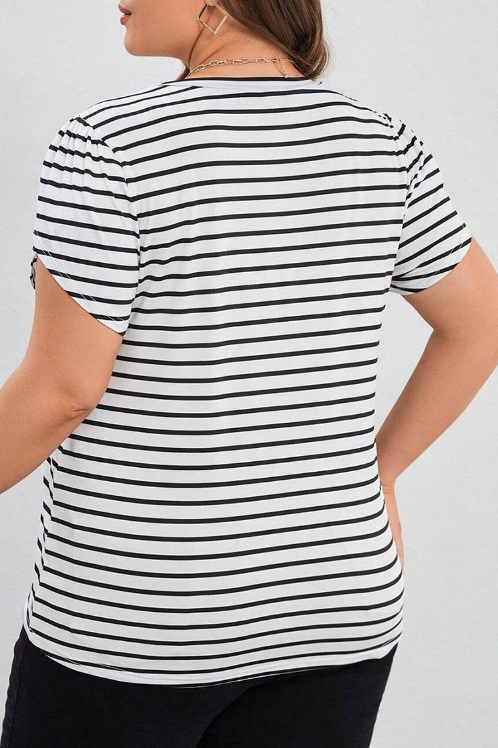 Plus Size Striped V-Neck Short Sleeve T-Shirt-Jewearrings