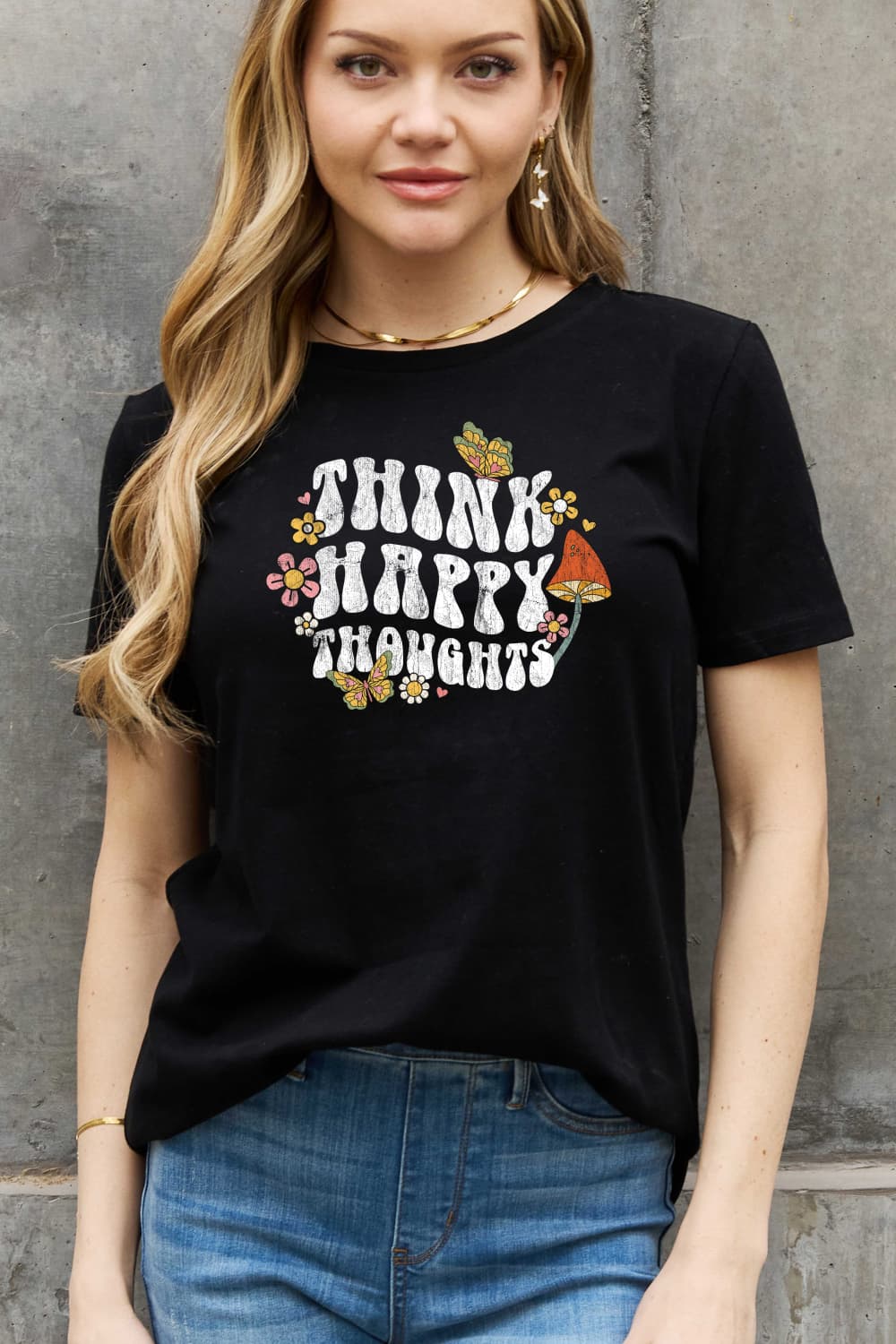 Simply Love Full Size THINK HAPPY THOUGHTS Graphic Cotton Tee-Jewearrings