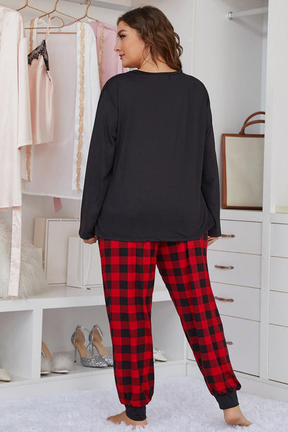 Plus Size Heart Graphic Top and Plaid Joggers Lounge Set-Jewearrings