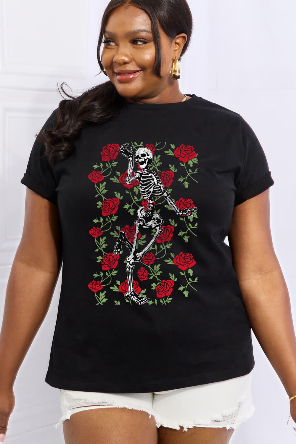 Simply Love Full Size Skeleton & Rose Graphic Cotton Tee-Jewearrings