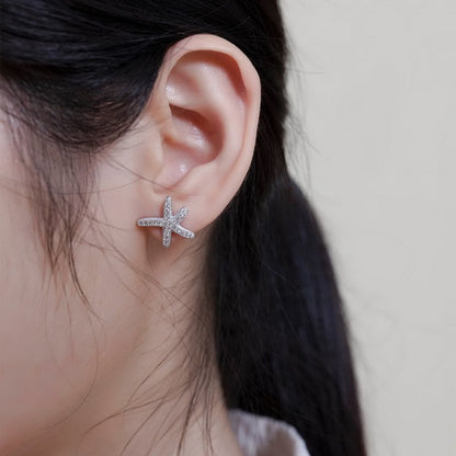 Sterling Silver Platinum Plated Full Zirconium Starfish Stud Earrings-Jewearrings