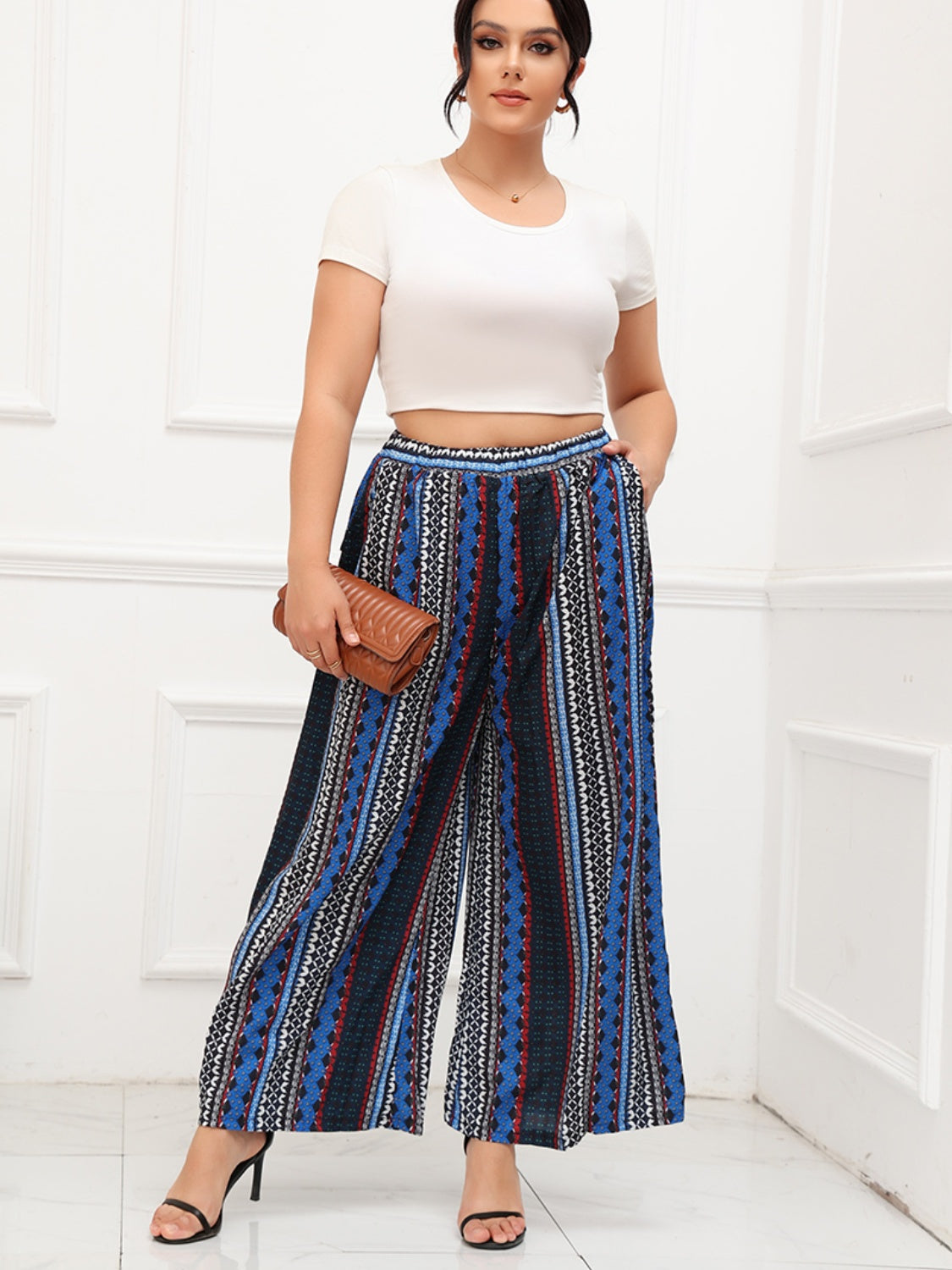 Plus Size Printed Wide Leg Pants with Pockets-Jewearrings