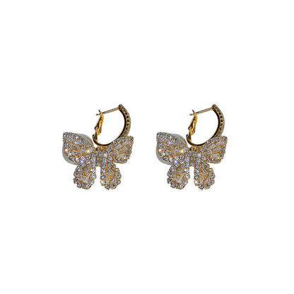 Silver Pin European And American Exaggerated Butterfly Pearl Full Diamond Earrings-Jewearrings