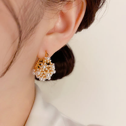 Women's Sweet And Elegant Pearl Flower Basket Earrings-Jewearrings