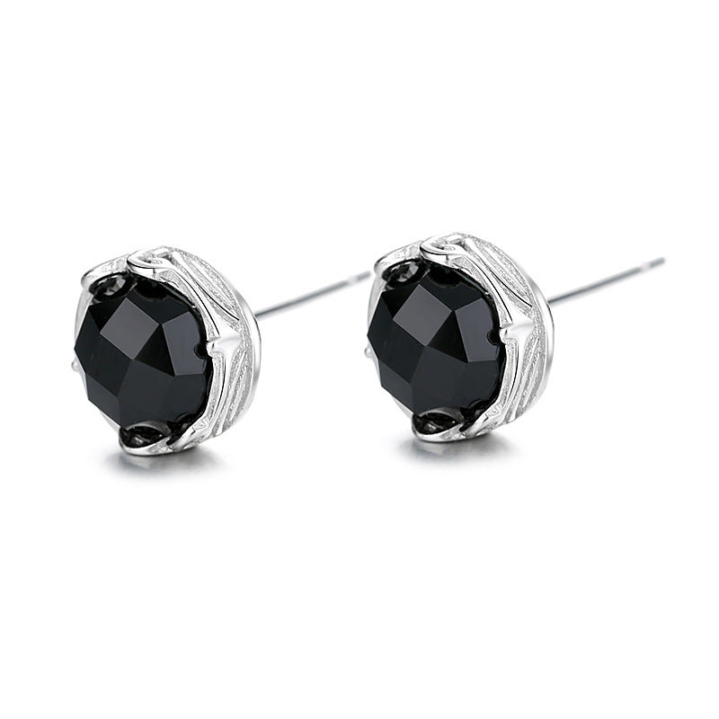 Vintage Geometric Black Agate Stud Earrings In Sterling Silver-Jewearrings