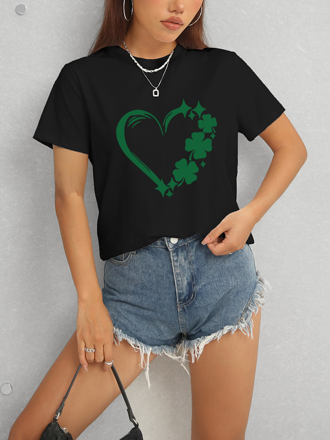 Heart Lucky Clover Round Neck Short Sleeve T-Shirt-Jewearrings