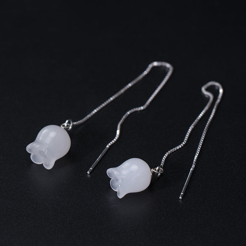 White Jade Wind Chimes Silver Earrings Retro Ethnic Style Earrings Simple Lady-Jewearrings