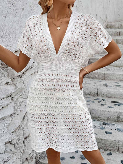 Openwork Plunge Short Sleeve Cover-Up Dress-Jewearrings