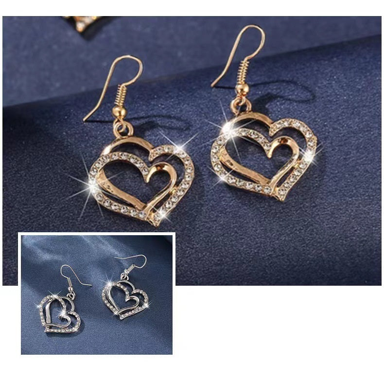 Korean Style Fashion Double Love Light Luxury Silver White Golden Two-color Beautiful Bracelet Necklace And Earrings Suite Gift-Jewearrings