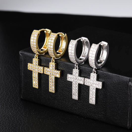 Women's Personality Double Row Zircon Cross Earrings-Jewearrings