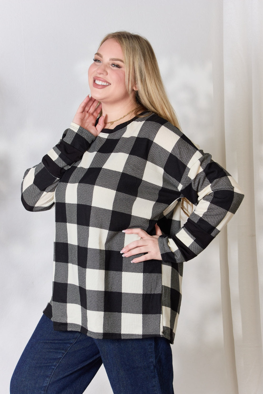 Celeste Full Size Plaid Round Neck Long Sleeve T-Shirt-Jewearrings