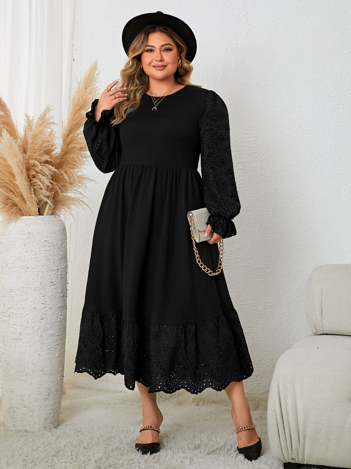 Plus Size Flounce Sleeve Lace Detail Dress-Jewearrings