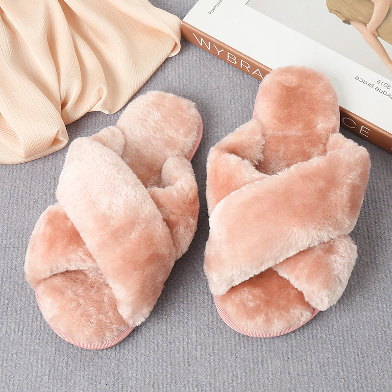 Faux Fur Crisscross Strap Slippers-Jewearrings