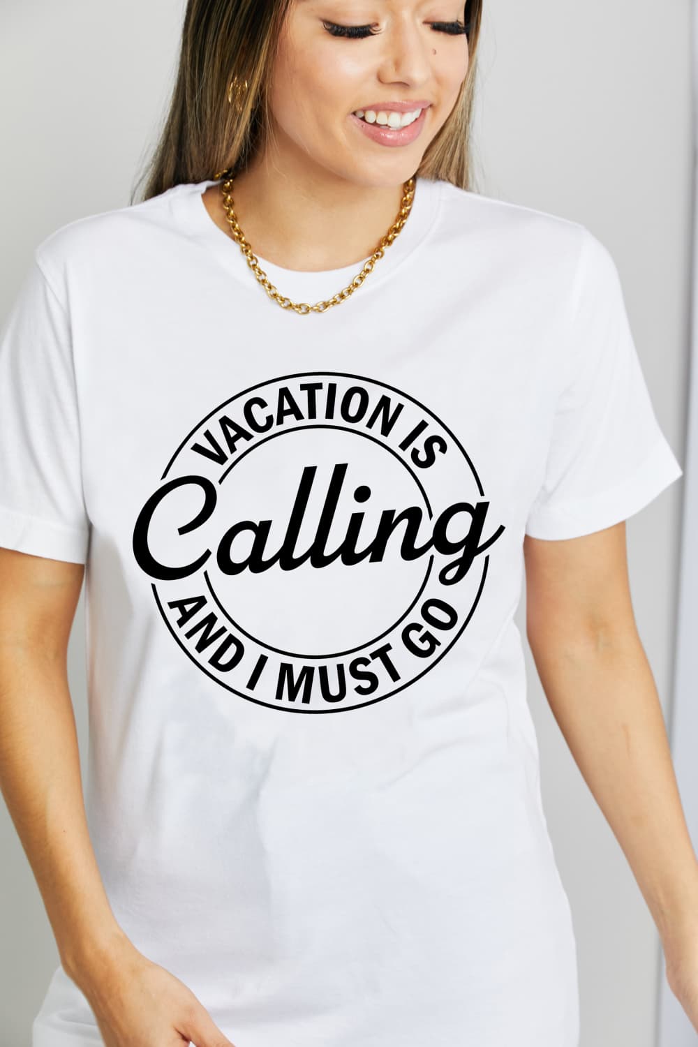 Simply Love VACATION IS CALLING AND I MUST GO Graphic Cotton T-Shirt-Jewearrings