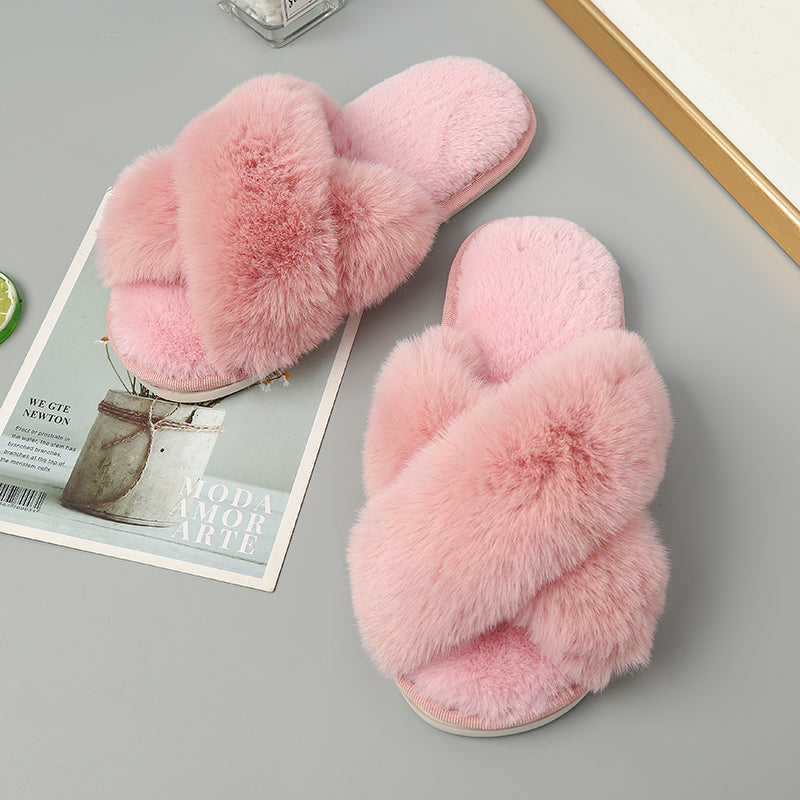 Faux Fur Crisscross Strap Slippers-Jewearrings