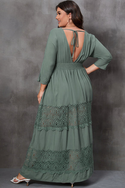 Plus Size Tied V-Neck Smocked Crochet Maxi Dress-Jewearrings