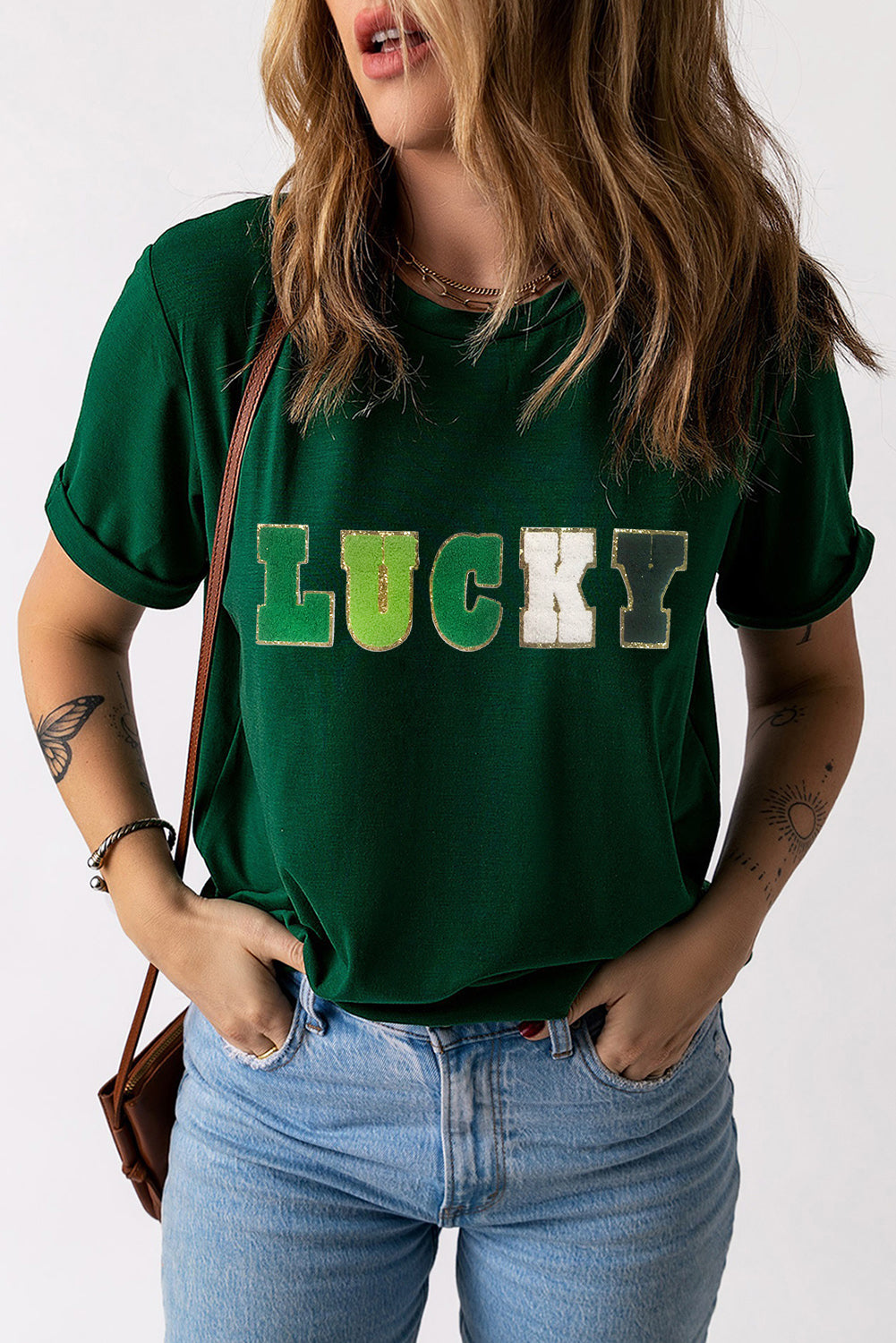 LUCKY Round Neck Short Sleeve T-Shirt-Jewearrings