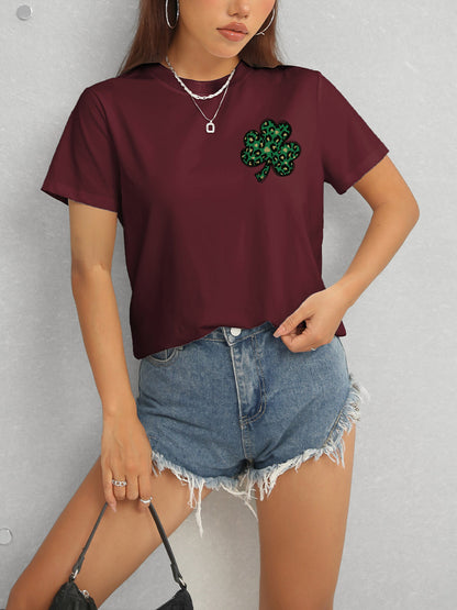 Lucky Clover Round Neck Short Sleeve T-Shirt-Jewearrings