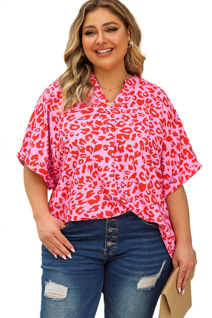 Plus Size Printed Notched Neck Half Sleeve Top-Jewearrings