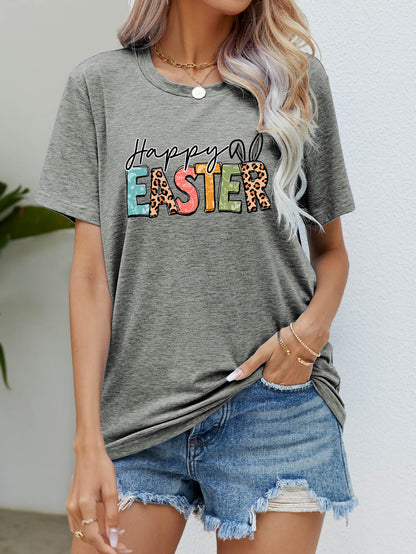 HAPPY EASTER Graphic Round Neck Tee Shirt-Jewearrings