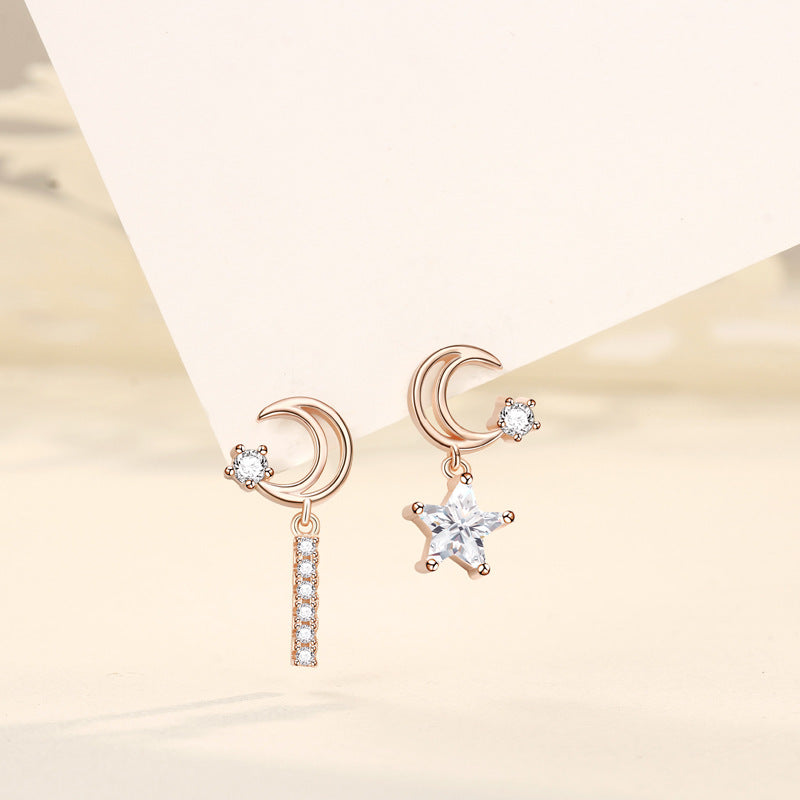 Women's Sterling Silver Rose Gold Plated Star And Moon Tassel Stud Earrings-Jewearrings