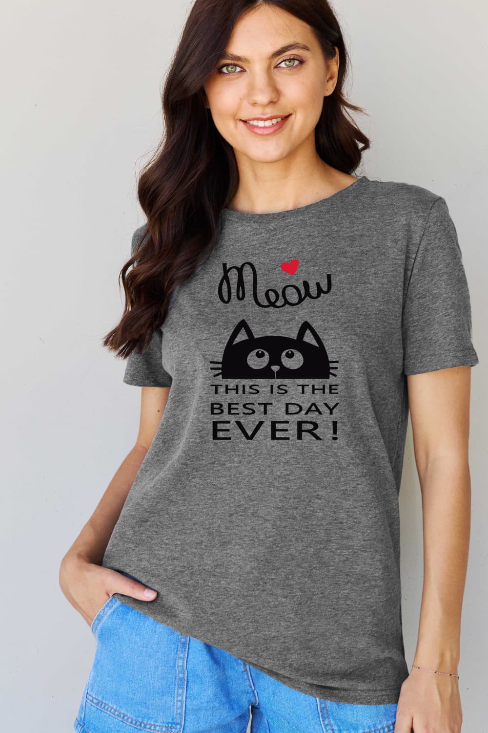 Simply Love Full Size MEOW THIS IS THE BEST DAY EVER! Graphic Cotton T-Shirt-Jewearrings