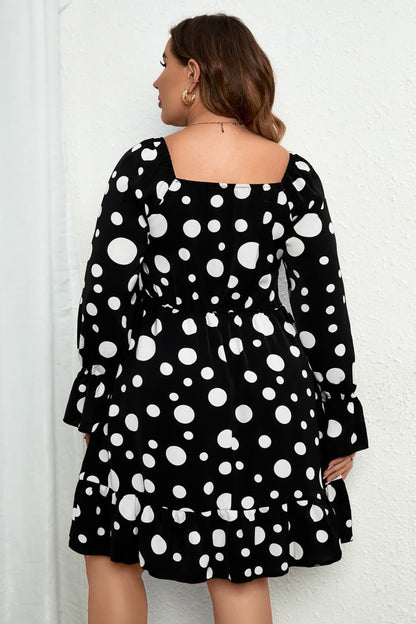 Melo Apparel Plus Size Polka Dot Sweetheart Neck Flounce Sleeve Mini Dress-Jewearrings