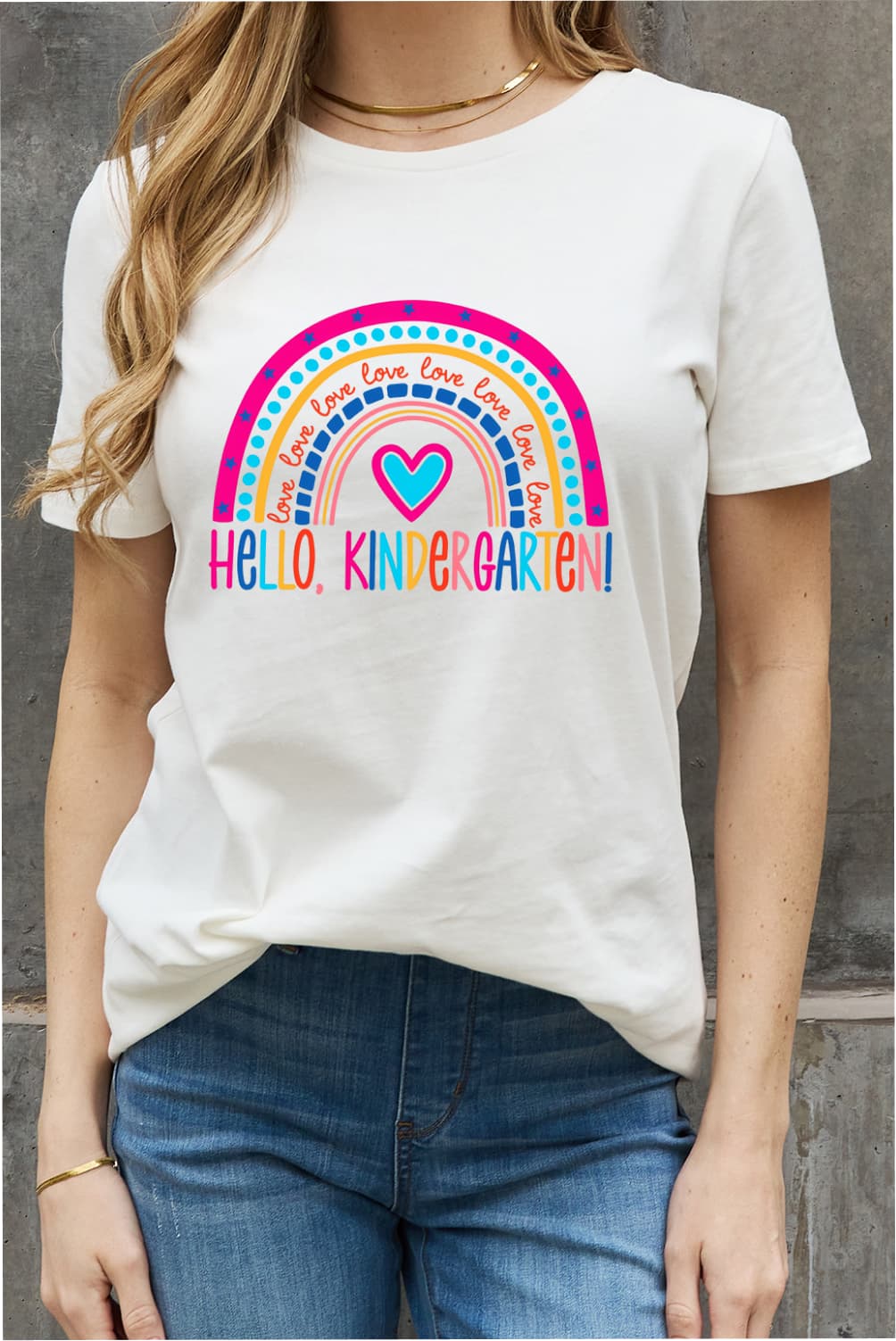 Simply Love Full Size LOVE HELLO KINDERGARTEN Rainbow Graphic Cotton Tee-Jewearrings