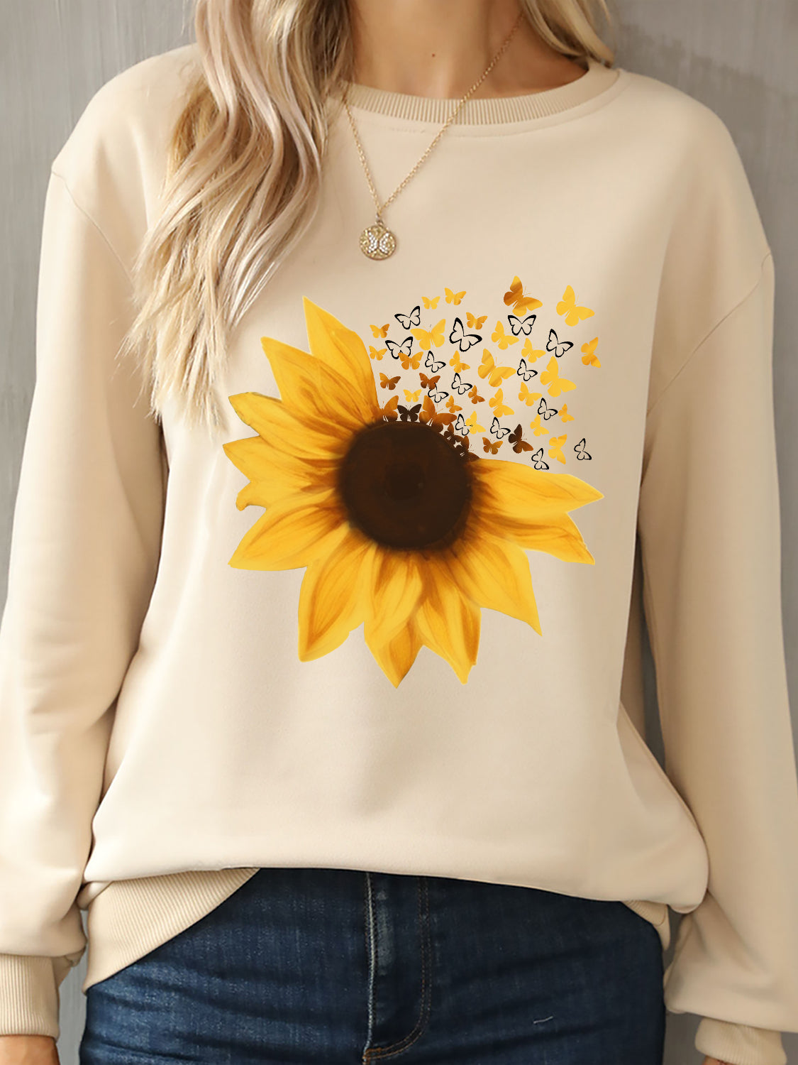 Sunflower Round Neck Dropped Shoulder Sweatshirt-Jewearrings