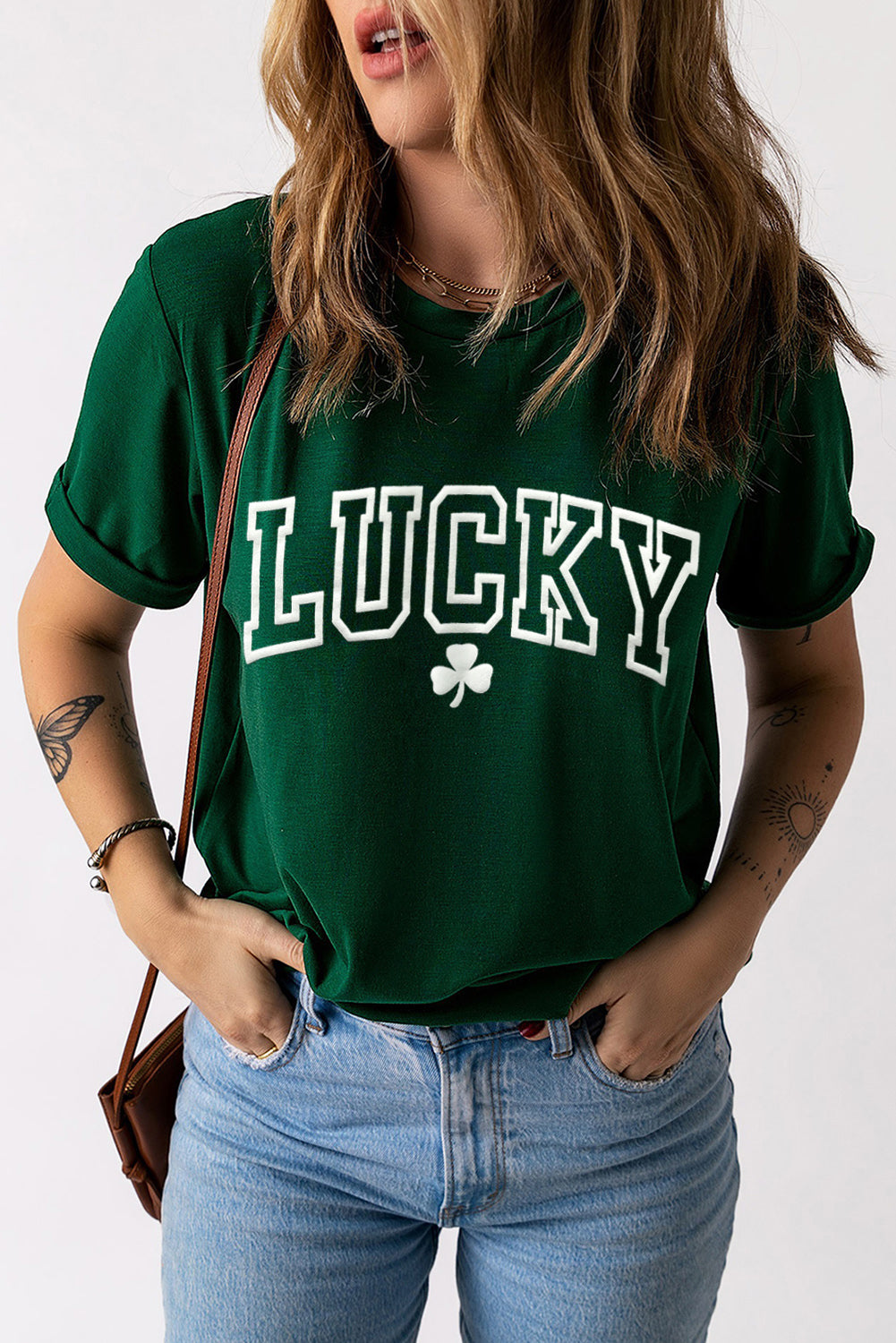 LUCKY Round Neck Short Sleeve T-Shirt-Jewearrings