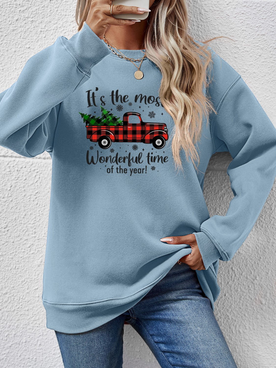 Graphic Round Neck Long Sleeve Sweatshirt-Jewearrings