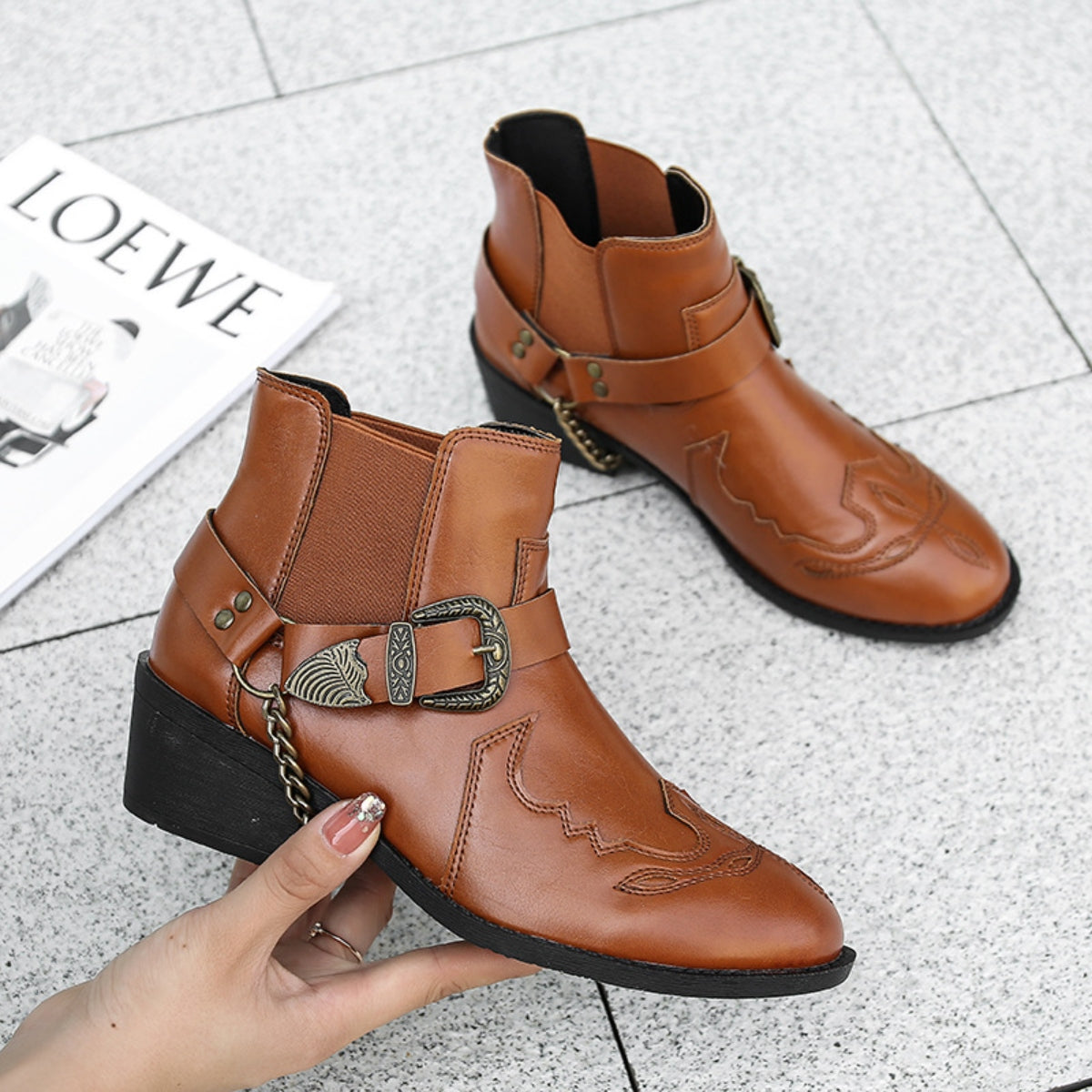 Chain PU Leather Block Heel Boots-Jewearrings