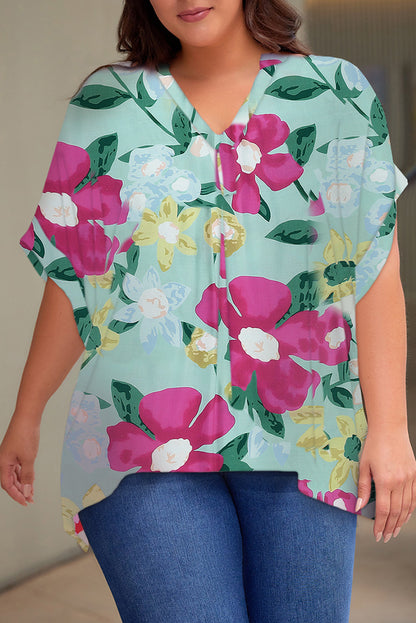 Plus Size Printed Notched Neck Half Sleeve Top-Jewearrings