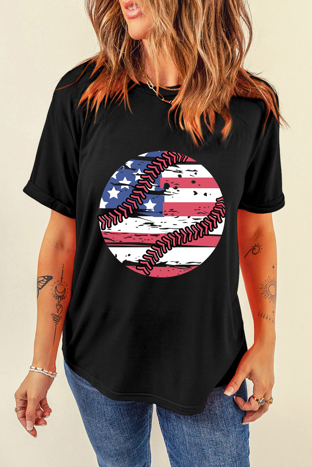 US Flag Round Neck Short Sleeve T-Shirt-Jewearrings