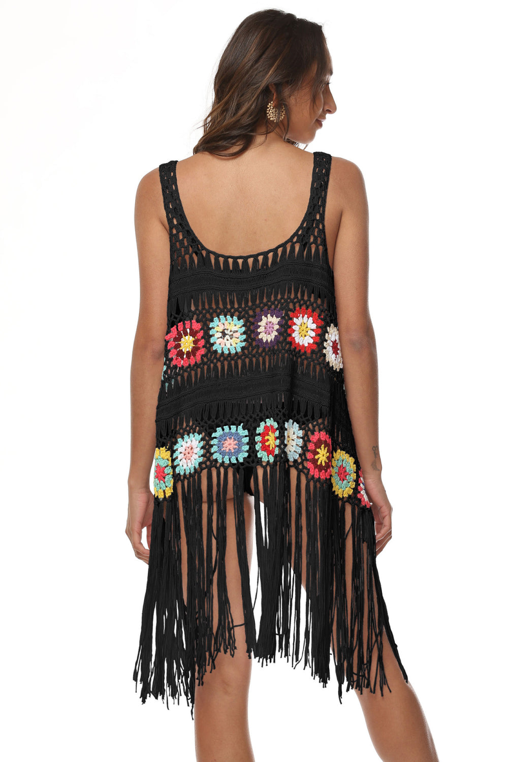 Openwork Fringe Detail Embroidery Sleeveless Cover-Up-Jewearrings