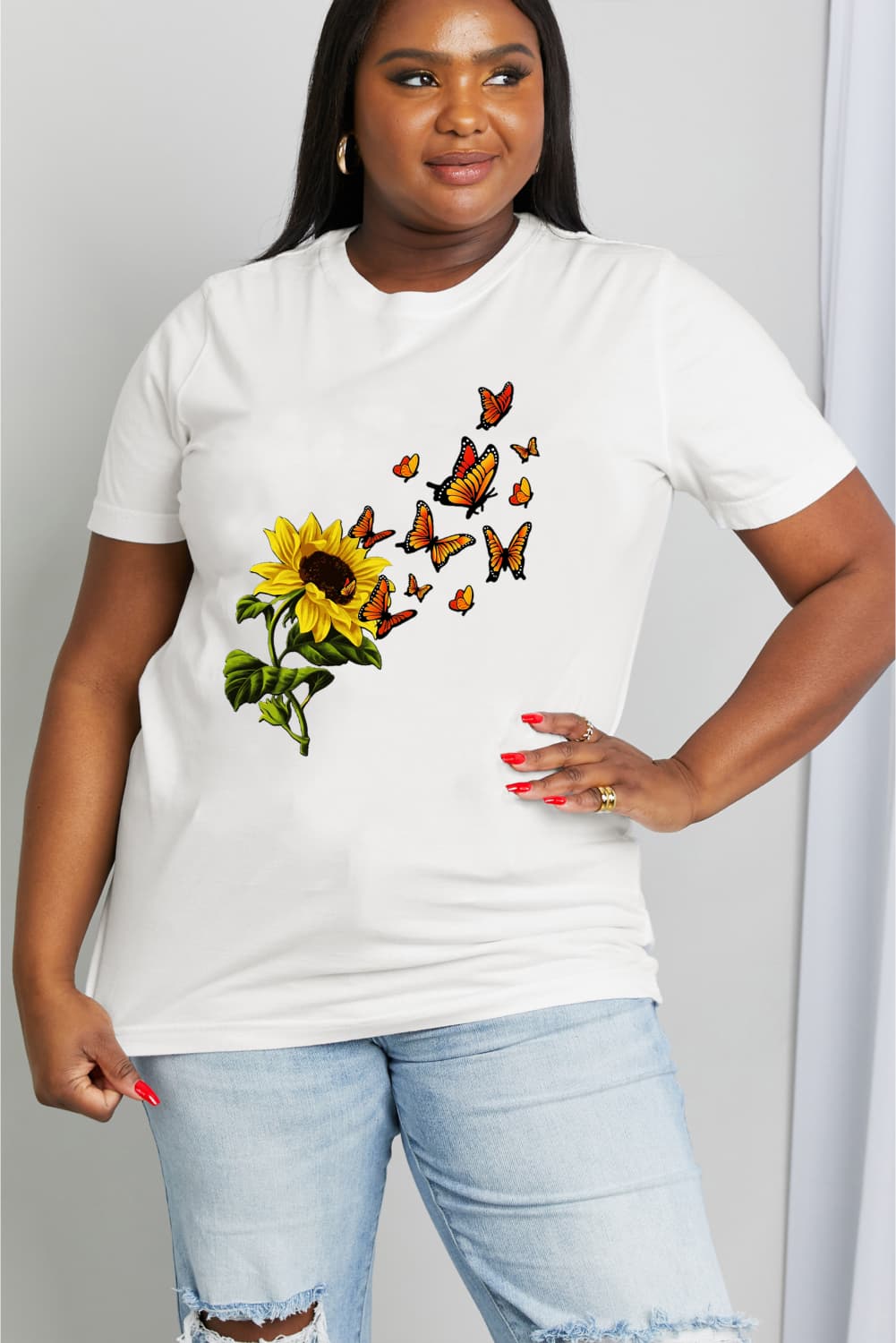 Simply Love Full Size Sunflower Butterfly Graphic Cotton Tee-Jewearrings