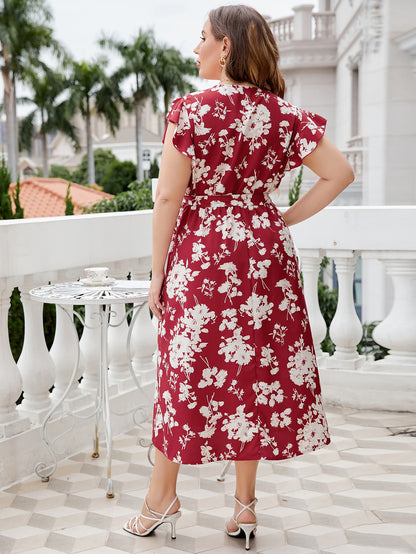 Plus Size Floral Tie Waist Surplice Neck Midi Dress-Jewearrings