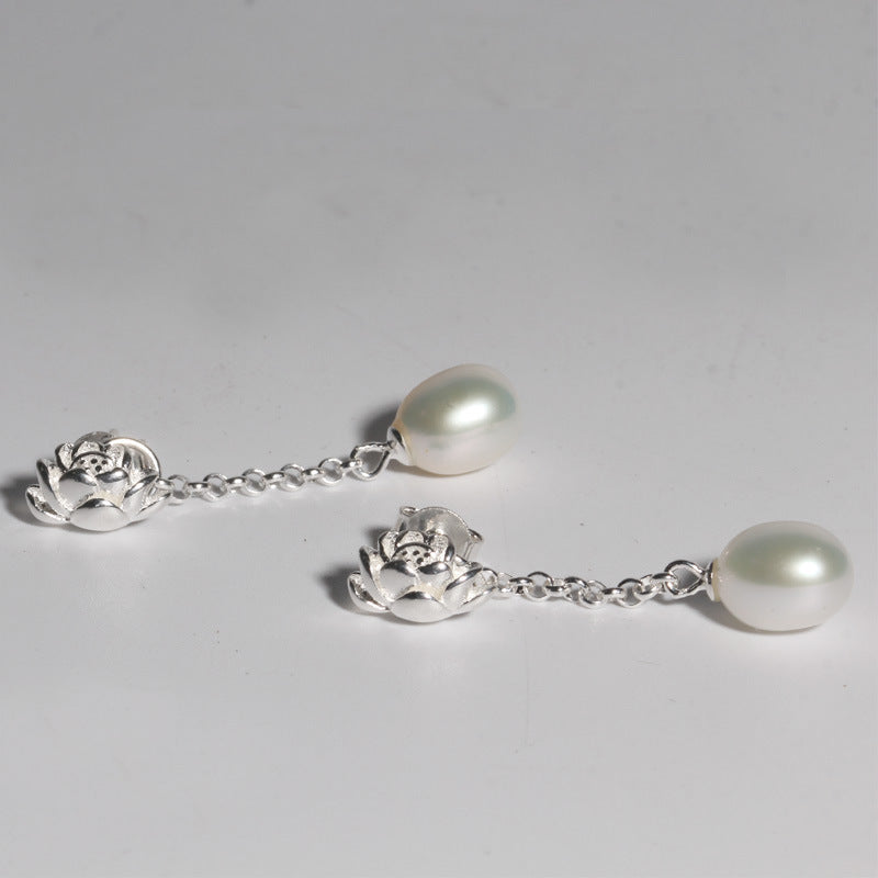 Lotus Natural Freshwater Real Pearl Earrings Long Earrings-Jewearrings