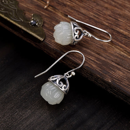 Sterling Silver Natural Hetian Jade Lotus Shape Earrings-Jewearrings