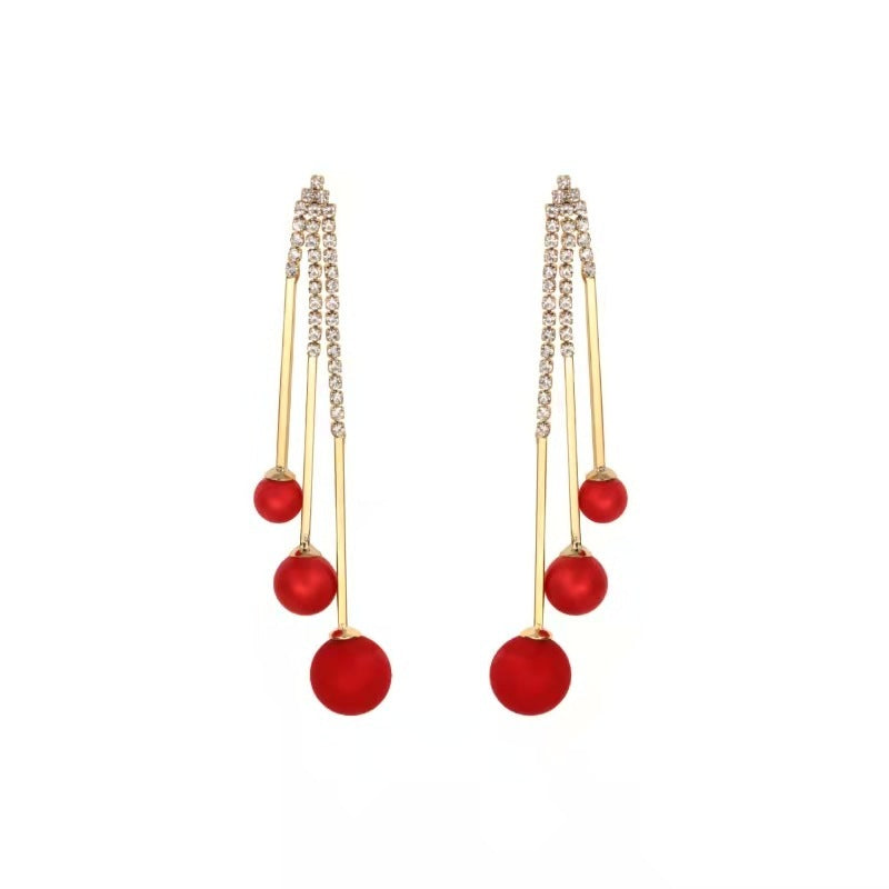 Silver Needle Red Pearl Tassel Drop Earrings-Jewearrings