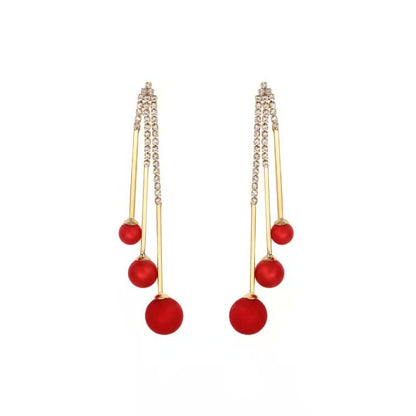 Silver Needle Red Pearl Tassel Drop Earrings-Jewearrings