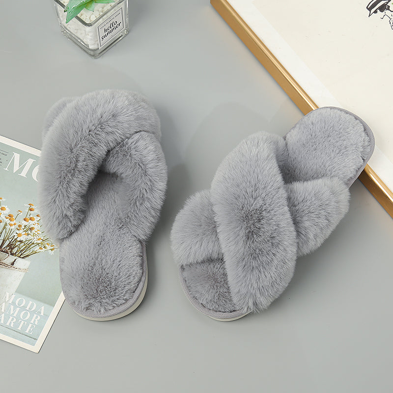 Faux Fur Crisscross Strap Slippers-Jewearrings