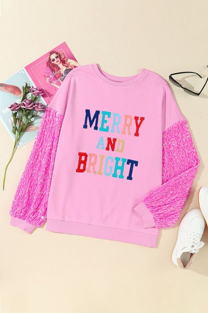 MERRY AND BRIGHT Sequin Long Sleeve Sweatshirt-Jewearrings